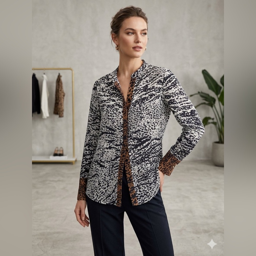 Kobi Halperin Black, White & Brown Animal-Print Button Front Blouse
